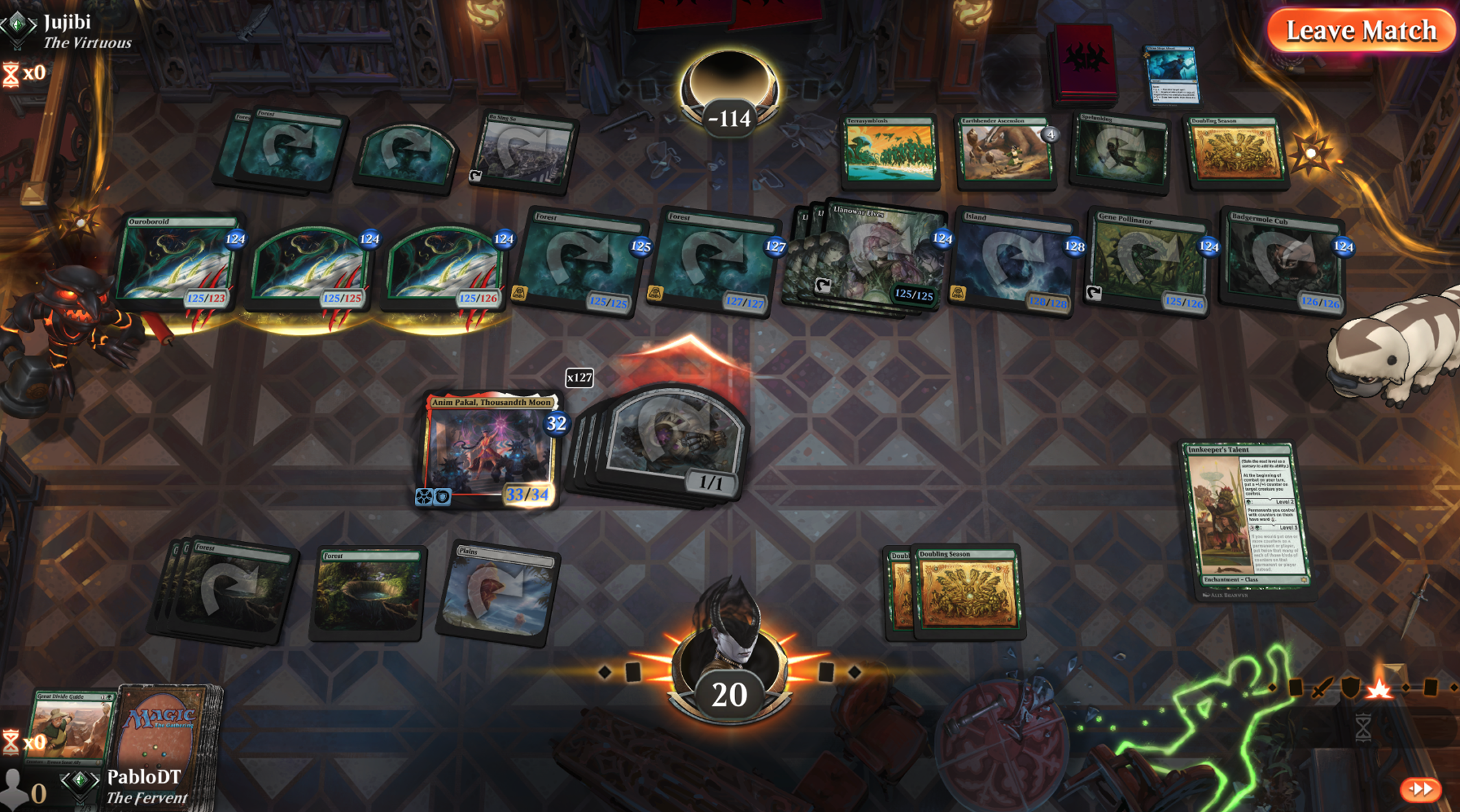 Board state showing the opponent's proliferate engine at -114 life, with Anim Pakal at 33/34 having closed out the game